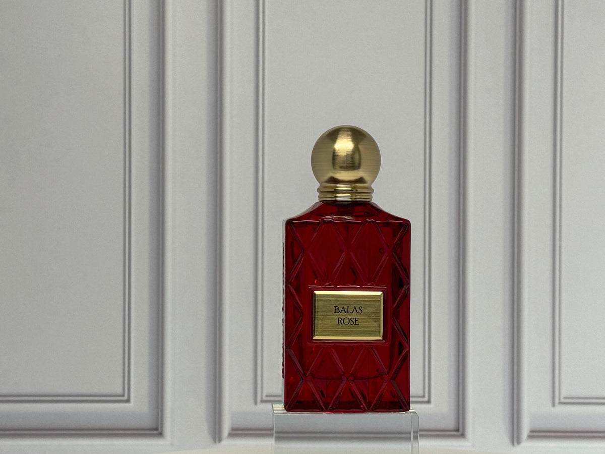 Balas Rose by Ibrahim Al Qurashi (IBRAQ) 75ml Eau de Parfum, bottle in a paneled room
