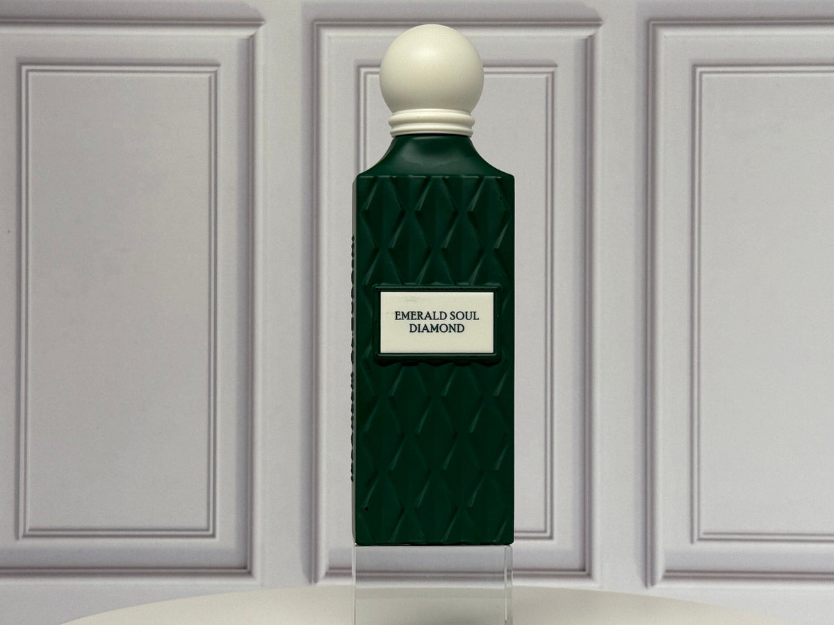 Emerald Soul Diamond by Ibrahim Al Qurashi (IBRAQ) 200ml Eau de Parfum, bottle in a paneled room