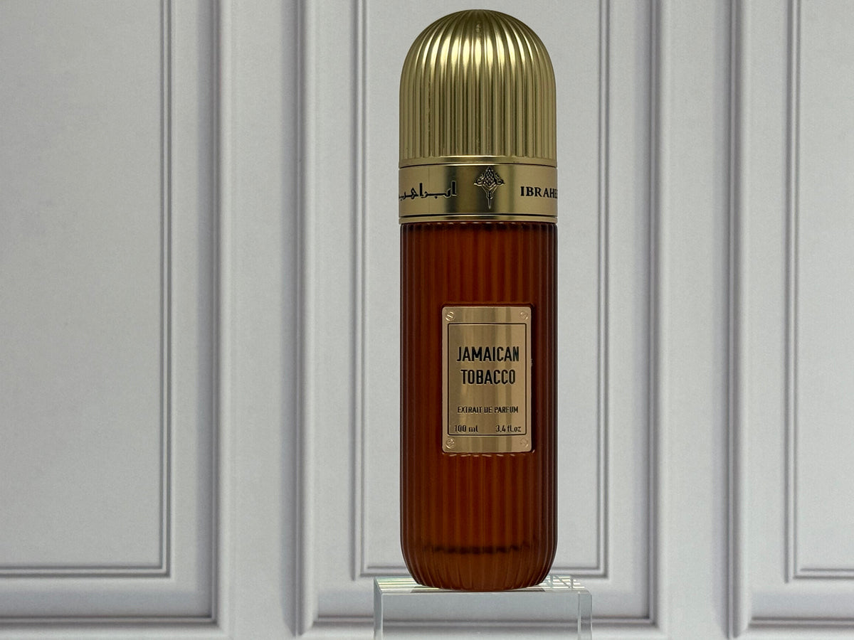 Jamaican Tobacco by Ibrahim Al Qurashi (IBRAQ) 100ml Extrait de Parfum, bottle in a paneled room