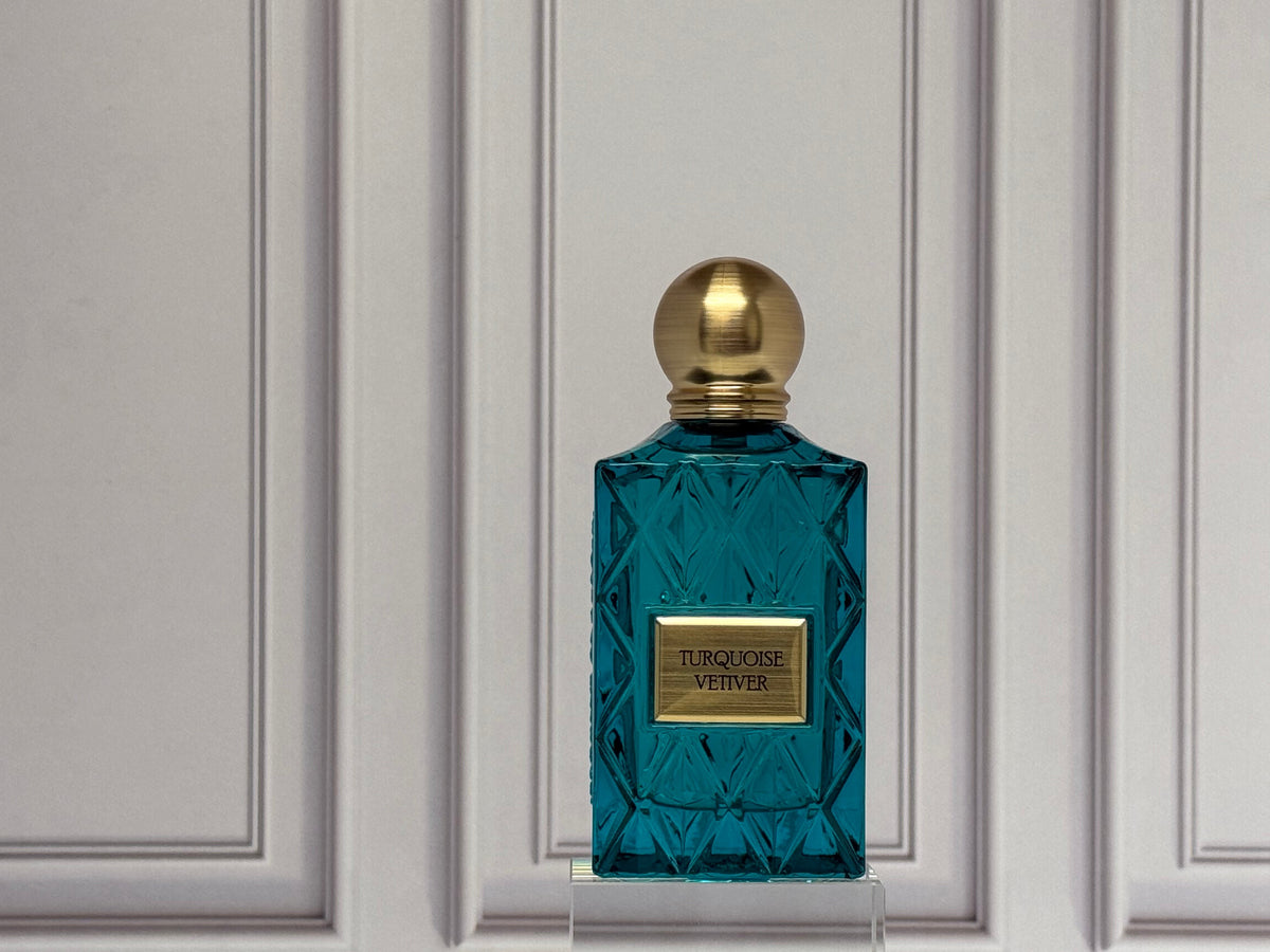 Turquoise Vetiver by Ibrahim Al Qurashi (IBRAQ) 75ml Eau de Parfum, bottle in a paneled room, front view